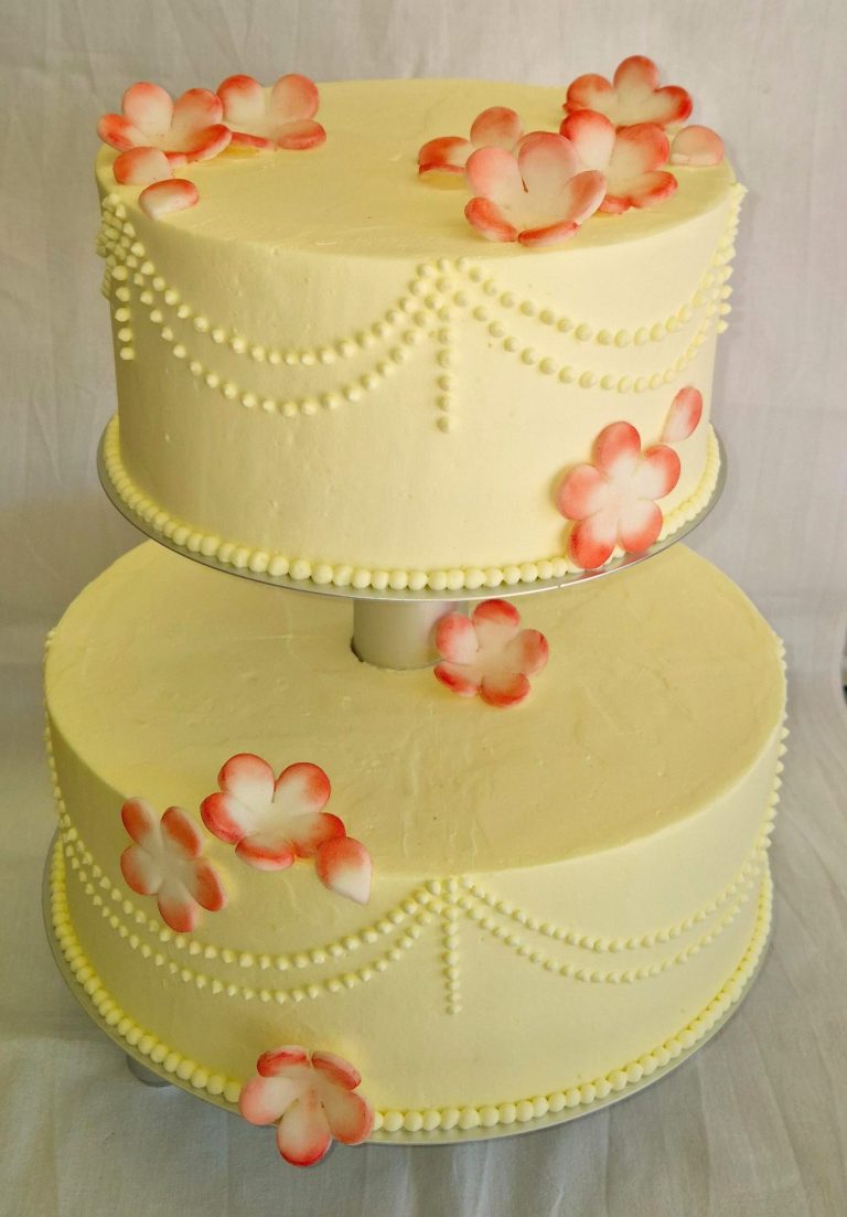 Petit Four Zwei Reihen von Desserts in Schalen, mit verschiedenen Toppings und Designs.